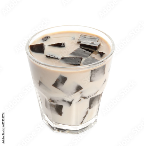 Glass of milk with grass jelly isolated on white