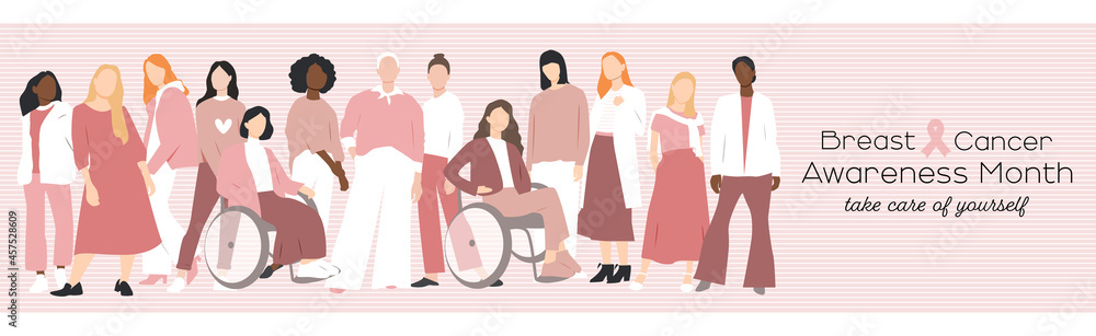 Breast cancer awareness month banner. Women of different ethnicities stand side by side together. Flat vector illustration. Breast cancer awareness month banner. Women of different ethnicities stand side by side together. Flat vector illustration.