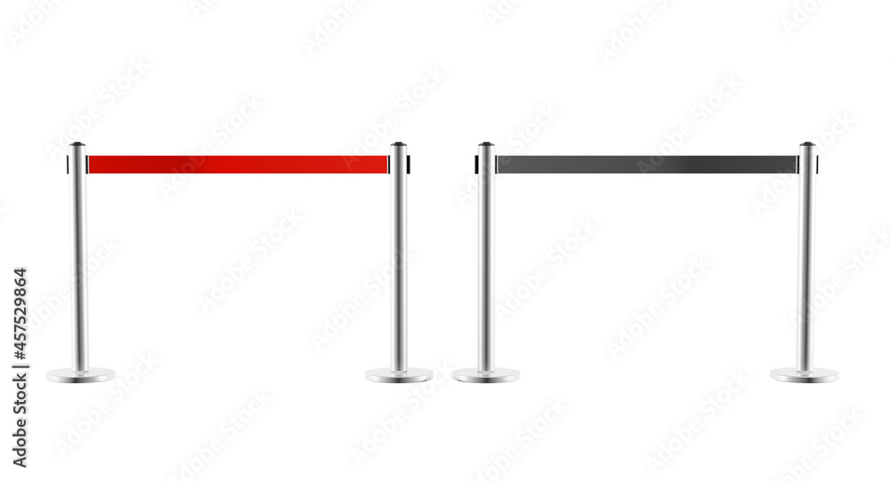 Metal barriers with red and black retractable belt fences front view. Portable ribbon stanchion stainless steel for crowd control in airport or museum isolated on white background. Realistic 3d render Metal barriers with red and black retractable belt fences front view. Portable ribbon stanchion stainless steel for crowd control in airport or museum isolated on white background. Realistic 3d render