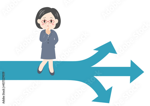 岐路に立つスーツを着た中年ビジネスウーマンのイラスト