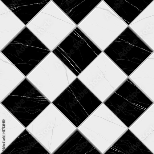 Black and white marble floor tile, checkered  or diagonal square format. Seamless pattern, vector illustration