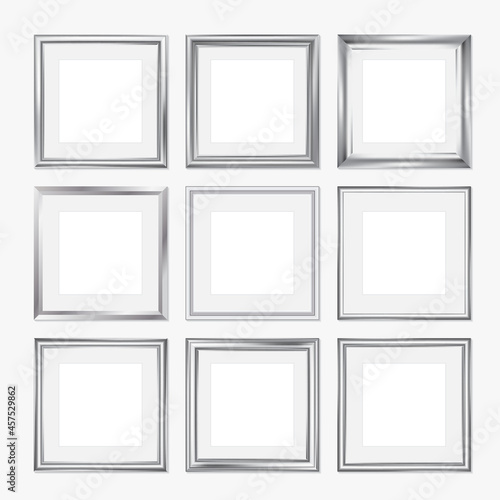 Set of silver picture frames, square format. Vector illustration isolated on white background, EPS 10
