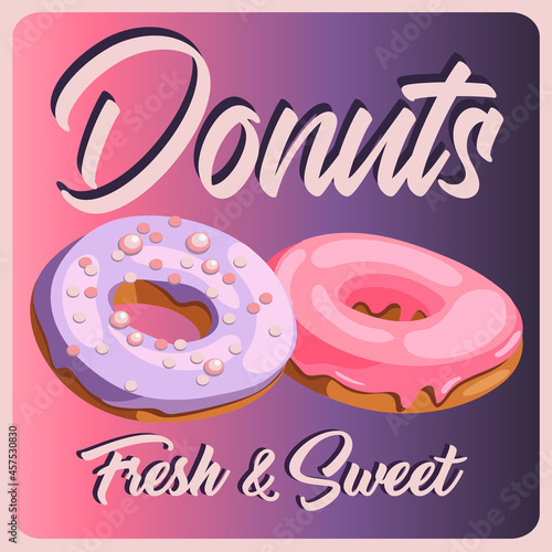 Pink and purple donuts fresh and sweet bakery dessert bakeshop flat style 