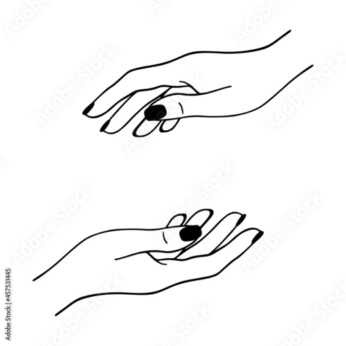Hand drawn woman hands in line art. Spiritual symbol of female hands. Icon talisman, antique style, boho, tattoo, logo. Vector illustration isolated on white background.