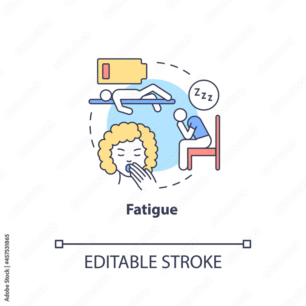 Fatigue concept icon. Fluid and electrolytes loss can cause fatigue. Low energy and weakness. Dehydration abstract idea thin line illustration. Vector isolated outline color drawing. Editable stroke Fatigue concept icon. Fluid and electrolytes loss can cause fatigue. Low energy and weakness. Dehydration abstract idea thin line illustration. Vector isolated outline color drawing. Editable stroke