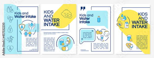 Kids and water intake blue, yellow brochure template. Flyer, booklet, leaflet print, cover design with linear icons. Vector layouts for presentation, annual reports, advertisement pages