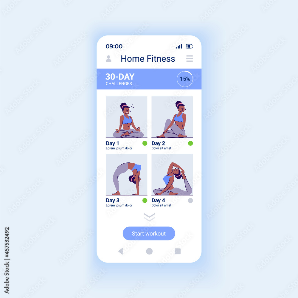 Home fitness app smartphone interface vector template. Mobile app page  design layout. Workout schedule. Online fitness challenge plan screen. Flat  UI for application. Phone display Stock Vector | Adobe Stock