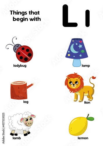 Things that start with the letter L. Educational, vector illustration for children.