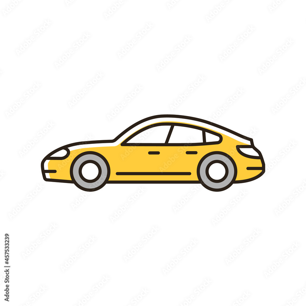 Sports sedan RGB color icon. Luxury passenger vehicle. Four-door sports automobile. Stylish performance-focused car. Auto with sporty handling. Isolated vector illustration. Simple filled line drawing