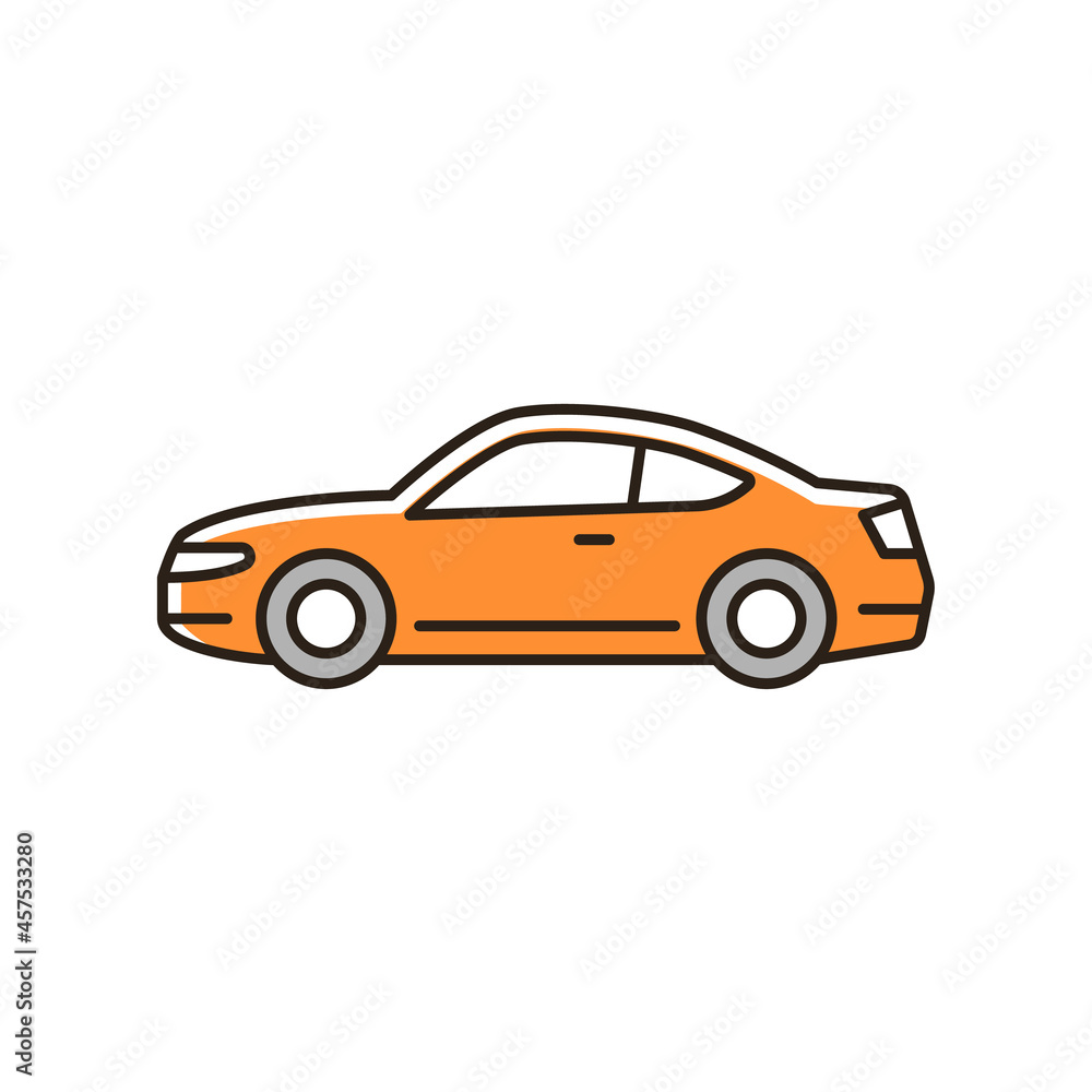 Coupe car RGB color icon. Two-door sports automobile. Performance-oriented vehicle. Fixed roof with two seats. Passenger compartment and trunk. Isolated vector illustration. Simple filled line drawing