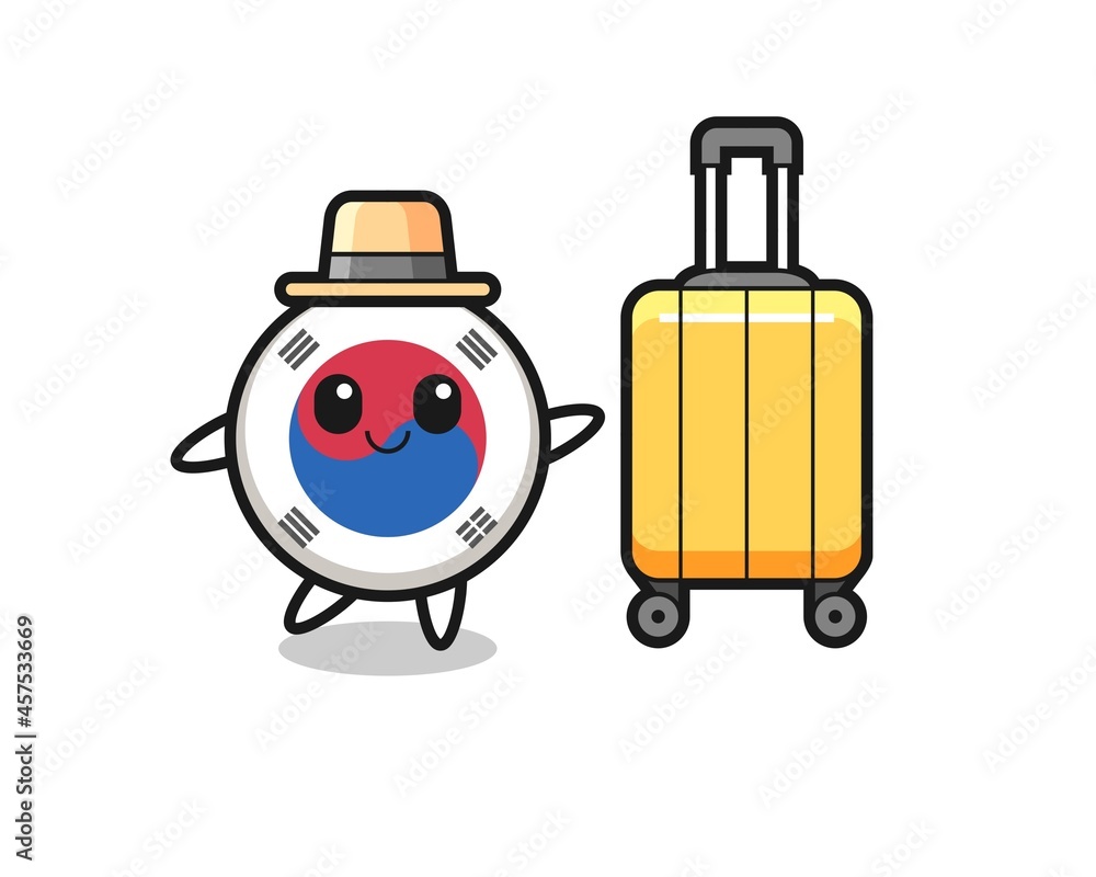 south korea flag cartoon illustration with luggage on vacation