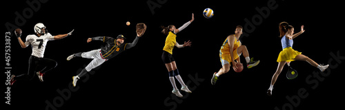 Sportsmen playing basketball, tennis, soccer footbal, volleyball isolated on black background. Concept of movements, active lifestyle, team sport games