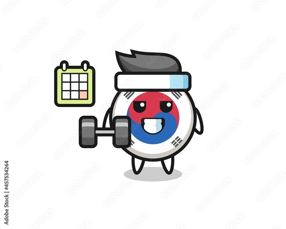 south korea flag mascot cartoon doing fitness with dumbbell