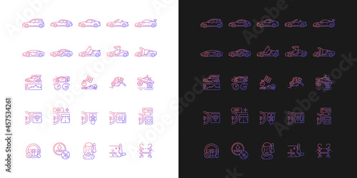 Auto racing gradient icons set for dark and light mode. Advanced automotive technology. Thin line contour symbols bundle. Isolated vector outline illustrations collection on black and white