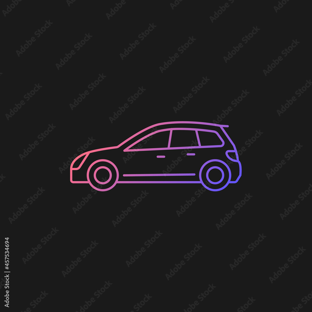Hatchback gradient vector icon for dark theme. Cheap sports car. Auto with two-box design. Access to cargo area. Thin line color symbol. Modern style pictogram. Vector isolated outline drawing Hatchback gradient vector icon for dark theme. Cheap sports car. Auto with two-box design. Access to cargo area. Thin line color symbol. Modern style pictogram. Vector isolated outline drawing