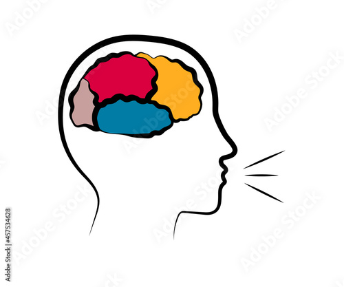 Areas of the brain and silhouette of the human head. Development of speech. Vector illustration.