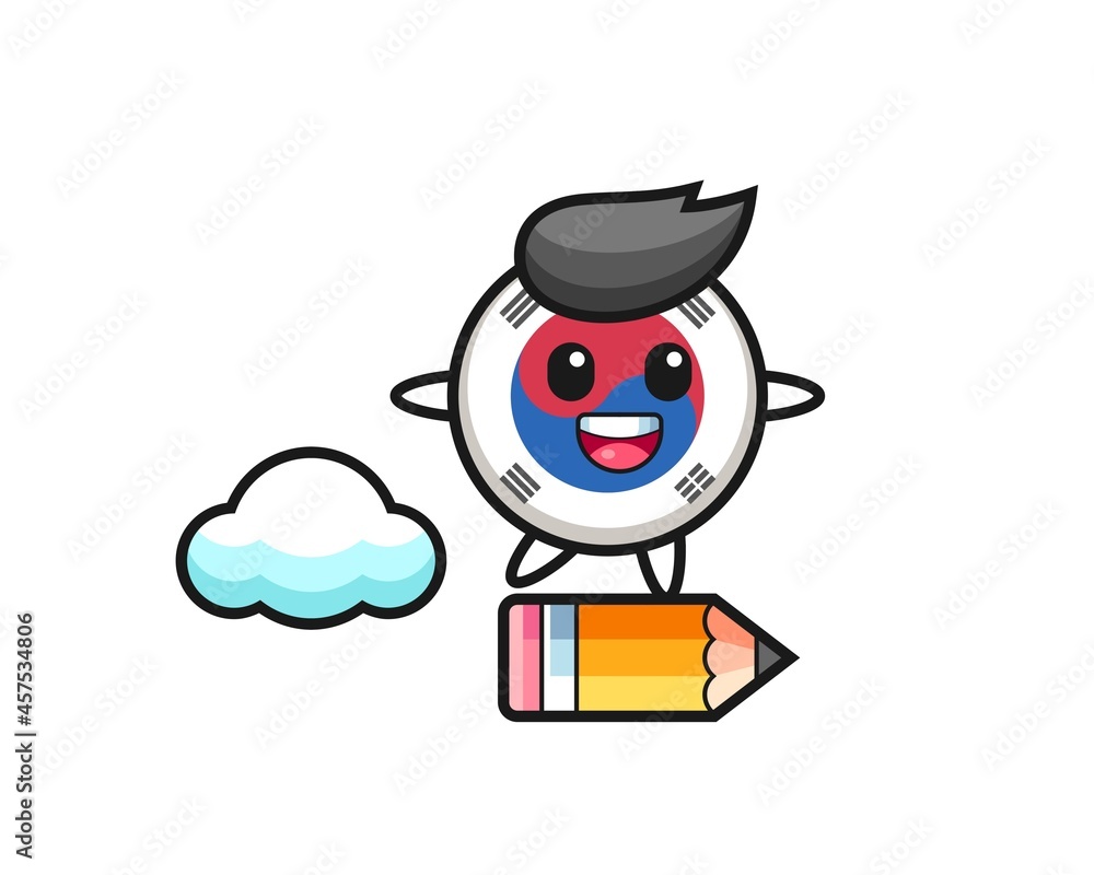 south korea flag mascot illustration riding on a giant pencil