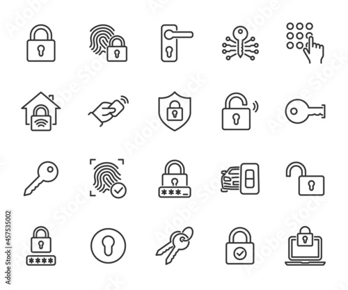 Vector set of lock line icons. Contains icons key, pin code, keyhole, smart home, password, door handle, car keys, fingerprint and more. Pixel perfect.