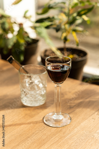 Still life shot of glass with sherry wine