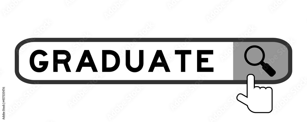 Search banner in word graduate with hand over magnifier icon on white background Search banner in word graduate with hand over magnifier icon on white background