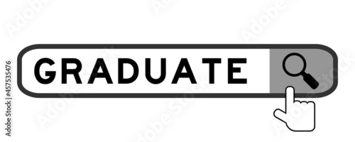 Search banner in word graduate with hand over magnifier icon on white background photo
