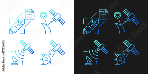 Climate monitoring satellites gradient icons set for dark and light mode. Thin line contour symbols bundle. Isolated vector outline illustrations collection on black and white