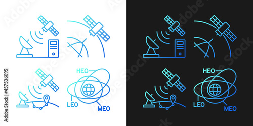 Satellite radionavigation gradient icons set for dark and light mode. Thin line contour symbols bundle. Isolated vector outline illustrations collection on black and white photo