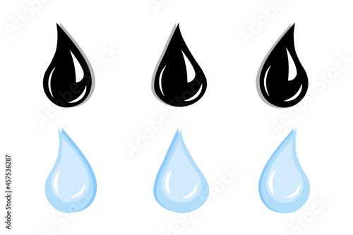 Set of Six Raindrops in Black and Blue Colors on White Background