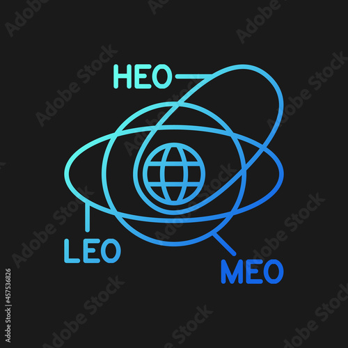 Geocentric Orbit type satellites gradient vector icon for dark theme. Rotation in geostationary orbit. Thin line color symbol. Modern style pictogram. Vector isolated outline drawing