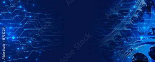 A blue banner of old technology and new using computer circuits and old machine cogs