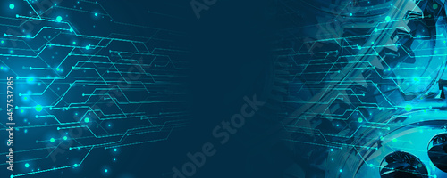 A blue banner of old technology and new using computer circuits and old machine cogs