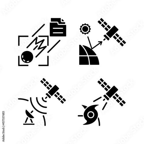 Climate monitoring satellites black glyph icons set on white space. Remote sensing satellite. Meteorological Earth observation system. Silhouette symbols. Vector isolated illustration
