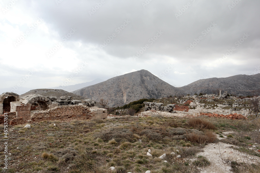 Panoramic view to the ruins of ancient city Sagalassos lost in Turkey mountains Panoramic view to the ruins of ancient city Sagalassos lost in Turkey mountains