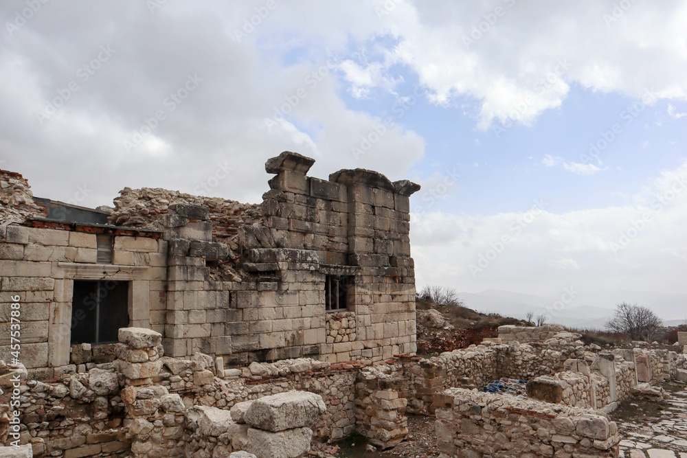 ruins of imperial baths in abandoned ancient city Sagalassos lost in Turkey mountains