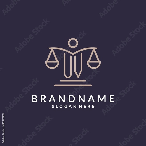 UV initials combined with the scales of justice icon, design inspiration for law firms in a modern and luxurious style