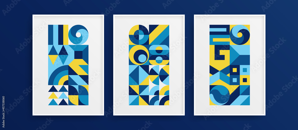 Fototapeta premium Bright modern geometric shapes vector design layout set. Simple trendy home decor artwork collection.
