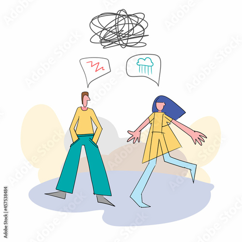 Young people, teenagers, couple of girl and boy, stand on abstract background, sad and angry on each other. Breaking up, relationship issues, broken heart, separating concept