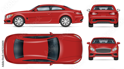 Sports car vector mockup on white background for vehicle branding, corporate identity. View from side, front, back, and top. All elements in the groups on separate layers for easy editing and recolor.