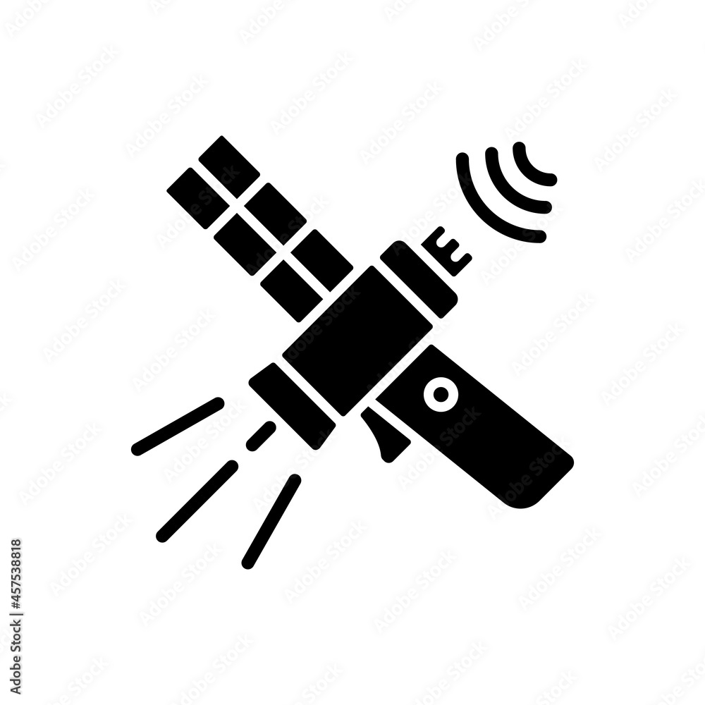 Communications satellite black glyph icon. Transmiting signal satelite. Global telecommunications network connection. Silhouette symbol on white space. Vector isolated illustration Communications satellite black glyph icon. Transmiting signal satelite. Global telecommunications network connection. Silhouette symbol on white space. Vector isolated illustration