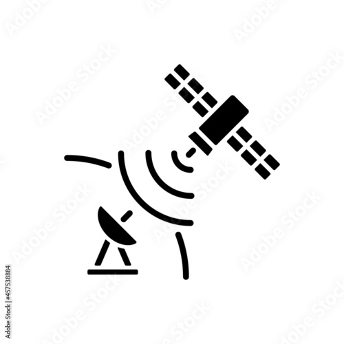 Satellite signal black glyph icon. Signal receiving dish satelite. Global telecommunications network connection. Silhouette symbol on white space. Vector isolated illustration