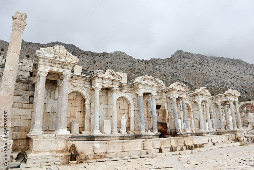 beautiful Antonine Nymphaeum (Fountain) of ancient city Sagalassos in Turkey mountains