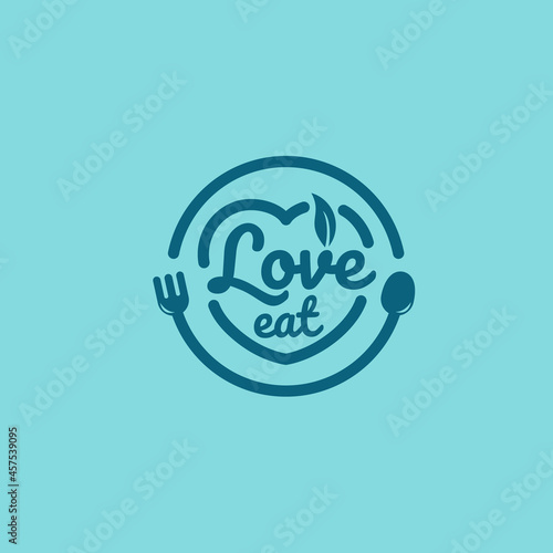 Love Eat logo. Cafe or restaurant emblem. Plate with fork, spoon