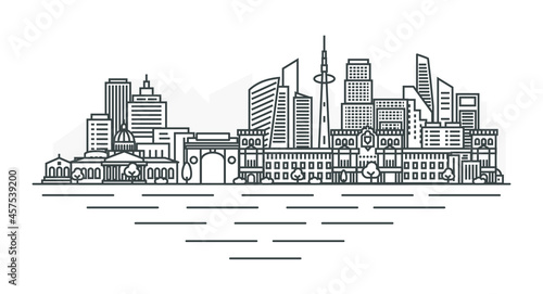Bucharest, Romania architecture line skyline illustration. Linear vector cityscape with famous landmarks, city sights, design icons. Landscape with editable strokes isolated on white background.