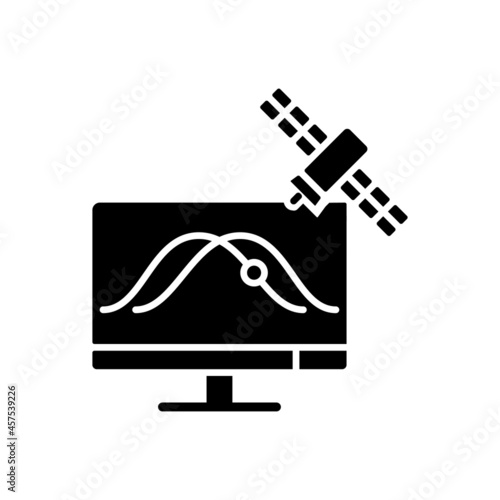 Satellite tracking black glyph icon. Artificial satelites orbits observation, positioning through special application. Silhouette symbol on white space. Vector isolated illustration