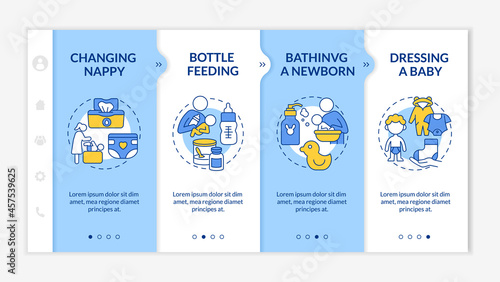 Infant care blue and white onboarding vector template. Responsive mobile website with icons. Web page walkthrough 4 step screens. Mother looking after newborn color concept with linear illustrations