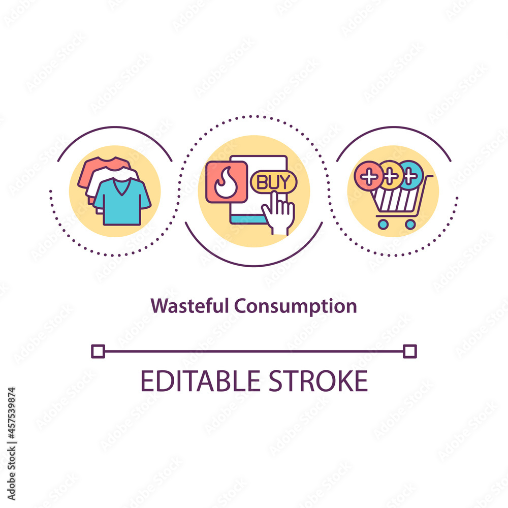 Wasteful consumption concept icon. Excessive spending. Overbuying leads to overproducing abstract idea thin line illustration. Vector isolated outline color drawing. Editable stroke