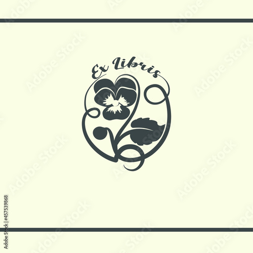 Violet flower with decorative lines. Ex Libris stamp. Logo design. Vector design photo