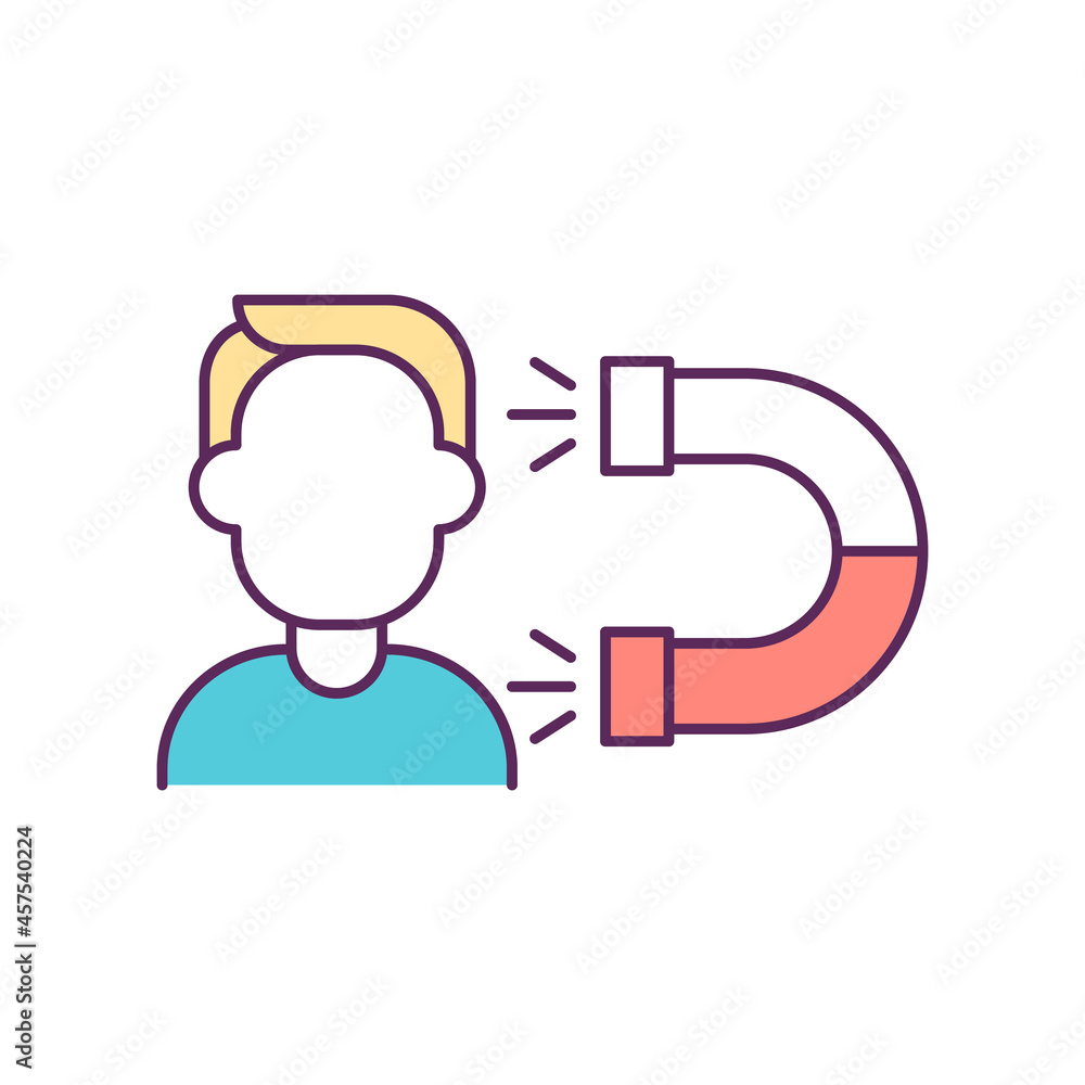 Person magnet RGB color icon. Things that attract people. Desire to obtain new things. Attracting new customer. Excessive spending. Isolated vector illustration. Simple filled line drawing