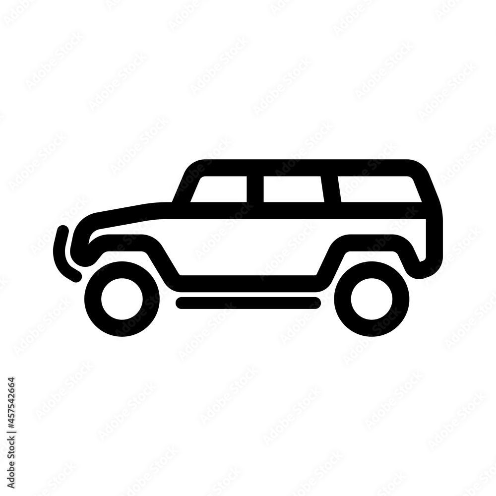 SUV icon. Large off-road vehicle. Black contour linear silhouette. Side view. Vector simple flat graphic illustration. The isolated object on a white background. Isolate.