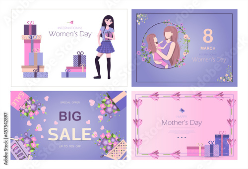 Card for the international mother s day Vector illustration for March 8 with flowers and greetings. Banner with the number 8 and text. A woman holds a little girl in her arms, mother and daughter